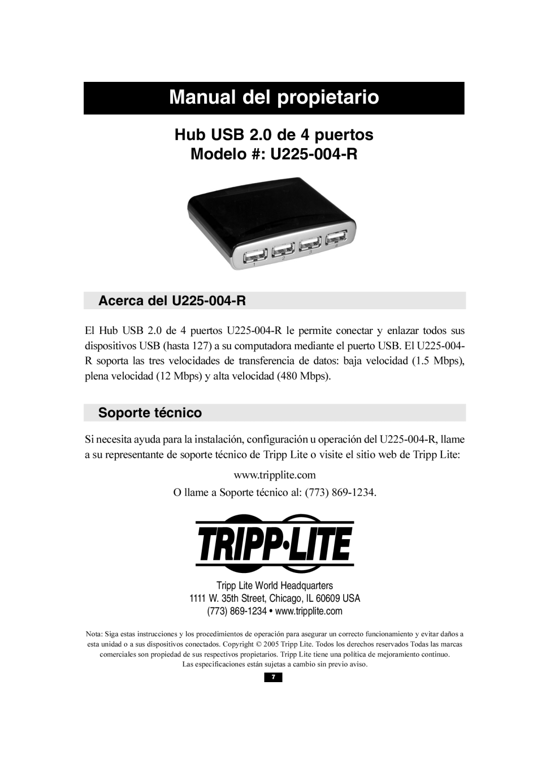 Tripp Lite owner manual Acerca del U225-004-R, Soporte técnico 