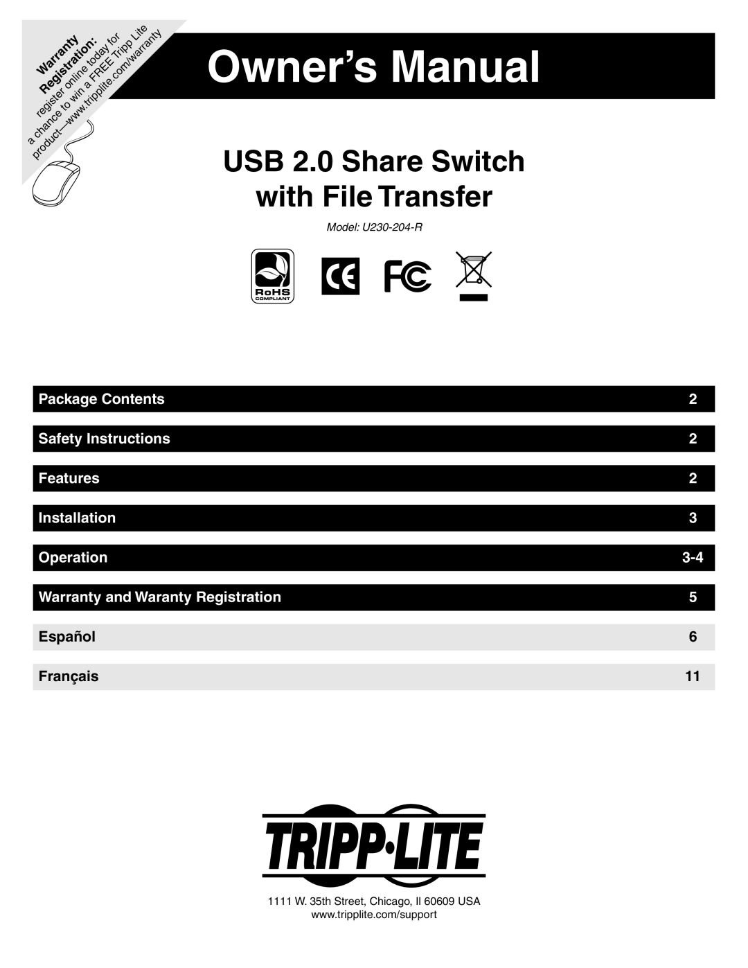 Tripp Lite U230-204-R warranty Quick Start Guide, USB 2.0 Share Switch with File Transfer, Package Contents 