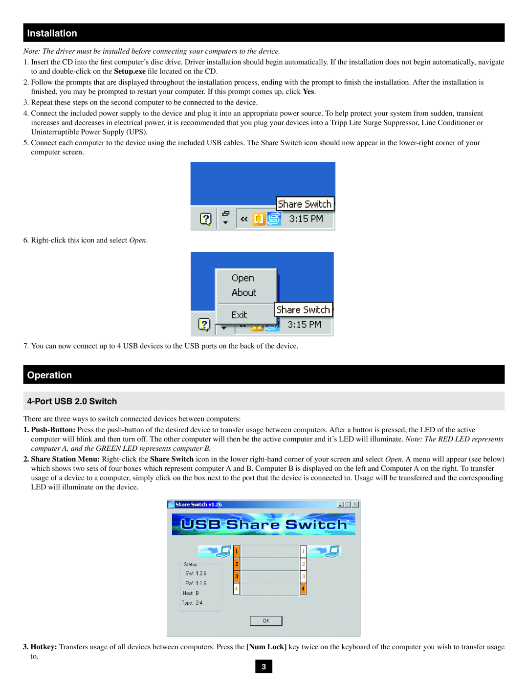 Tripp Lite U230-204-R owner manual Installation, Operation, Port USB 2.0 Switch 