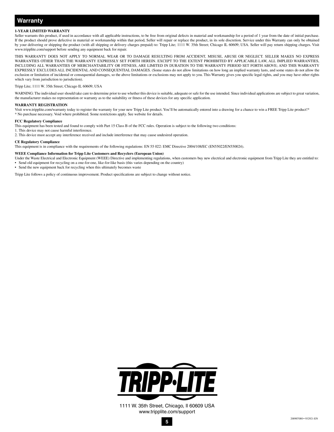 Tripp Lite U230-204-R owner manual Year Limited Warranty, Warranty Registration, FCC Regulatory Compliance 