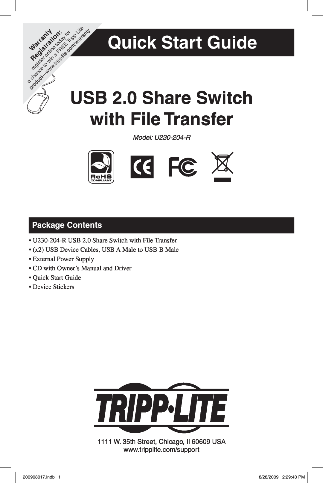 Tripp Lite U230-204-R owner manual Owner’s Manual, USB 2.0 Share Switch with File Transfer, Package Contents, Features 