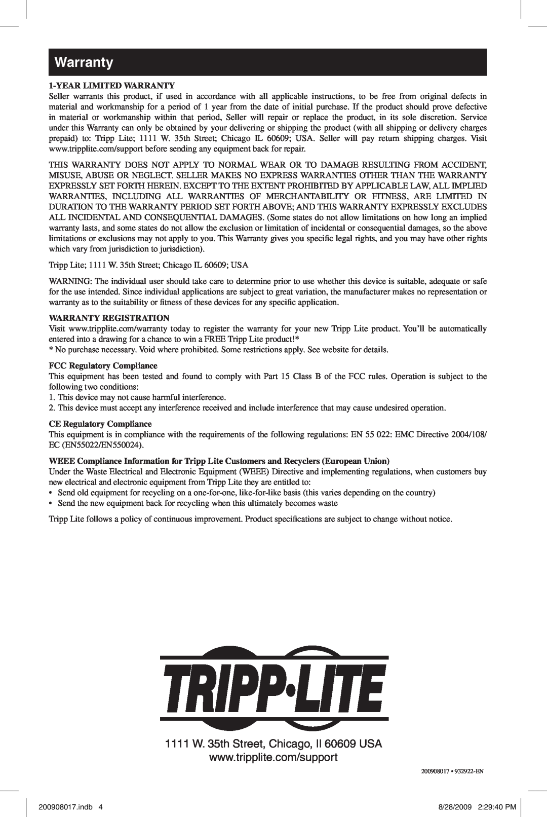 Tripp Lite U230-204-R warranty Year Limited Warranty, Warranty Registration, FCC Regulatory Compliance 