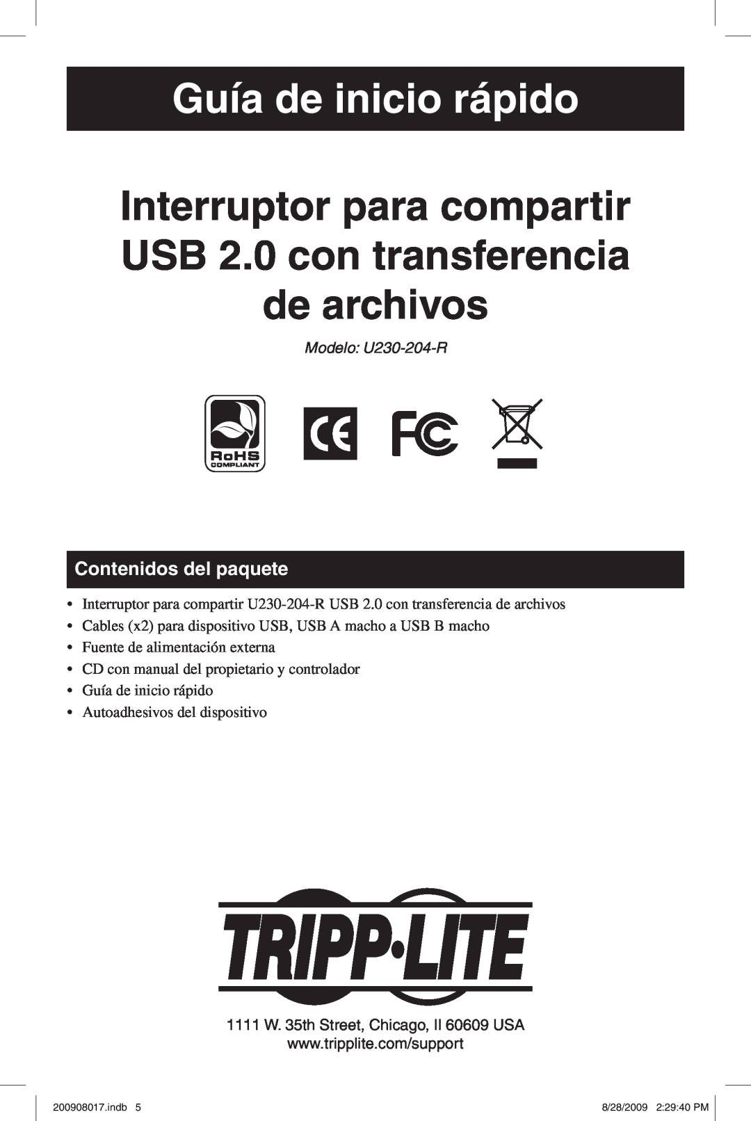 Tripp Lite U230-204-R warranty Guía de inicio rápido, Interruptor para compartir USB 2.0 con transferencia de archivos 