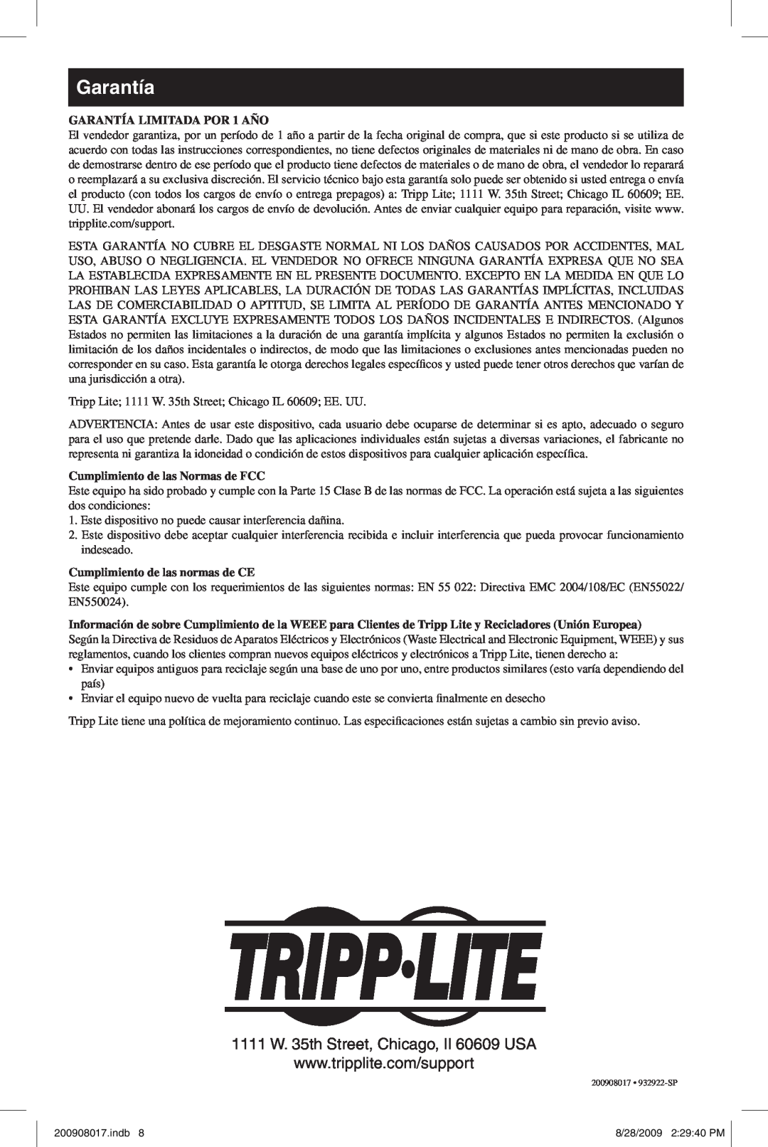 Tripp Lite U230-204-R warranty Garantía, GARANTÍA LIMITADA POR 1 AÑO, Cumplimiento de las Normas de FCC 