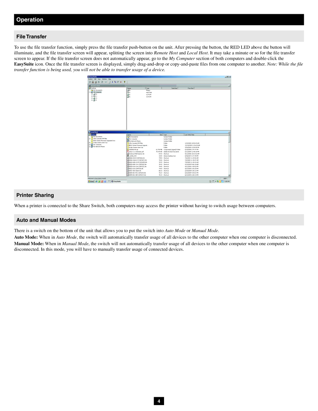 Tripp Lite U230-204-R owner manual File Transfer, Printer Sharing, Auto and Manual Modes 