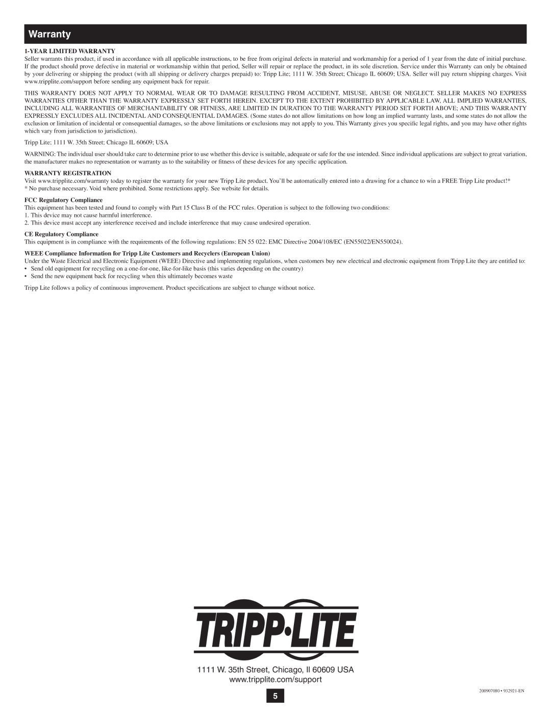 Tripp Lite U230-204-R owner manual Year Limited Warranty 