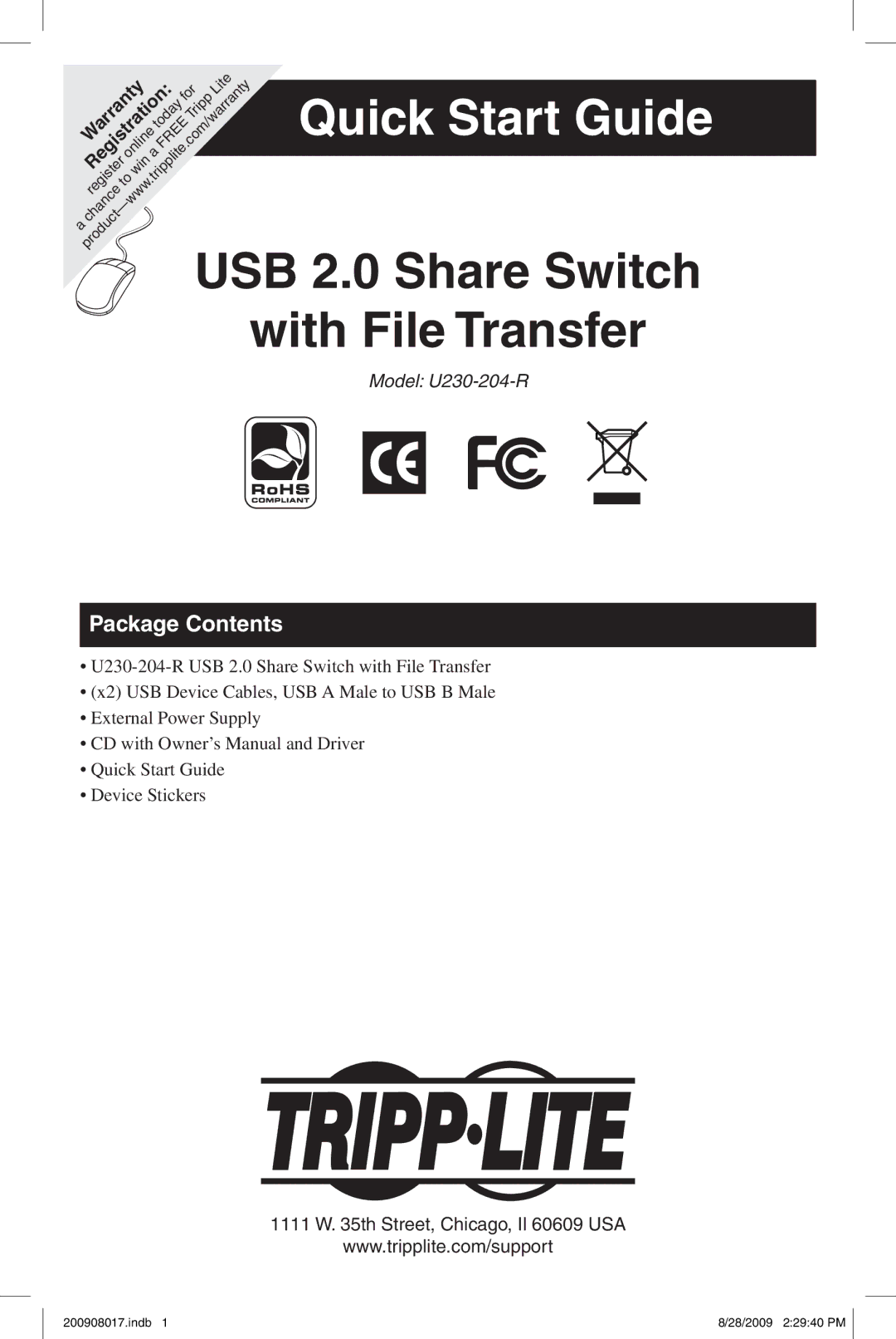 Tripp Lite U230-204-R warranty Quick Start Guide, Package Contents 