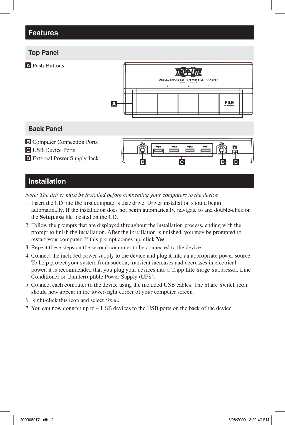 Tripp Lite U230-204-R warranty Features, Installation, Top Panel, Back Panel 