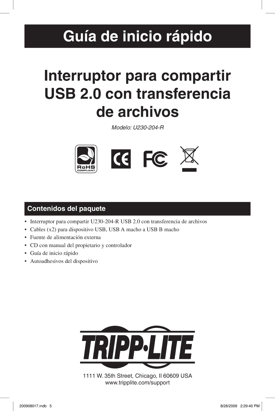 Tripp Lite U230-204-R warranty Guía de inicio rápido, Contenidos del paquete 