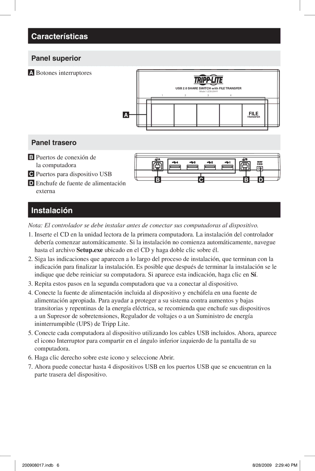 Tripp Lite U230-204-R warranty Características, Instalación, Panel superior, Panel trasero 