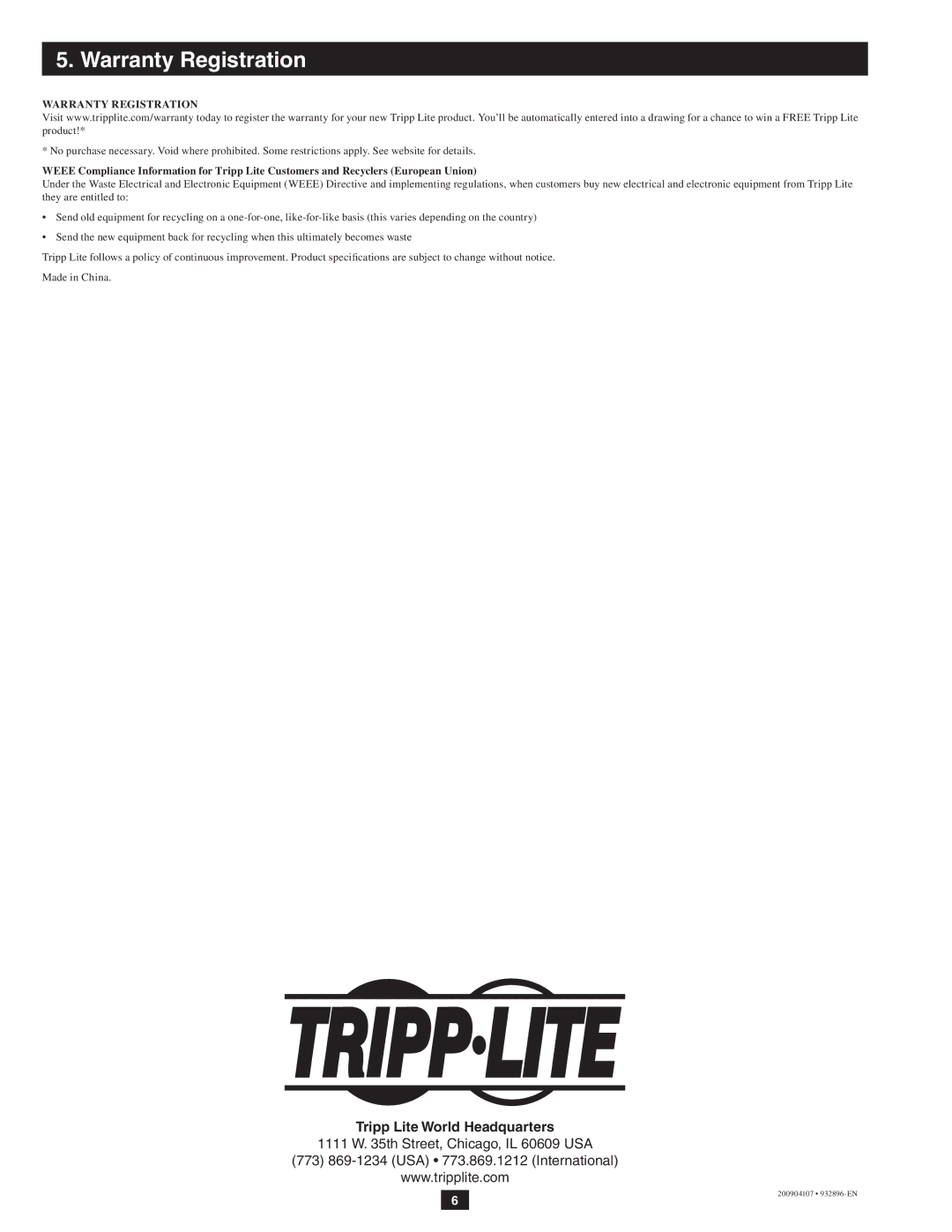 Tripp Lite U232-006 owner manual Warranty Registration 