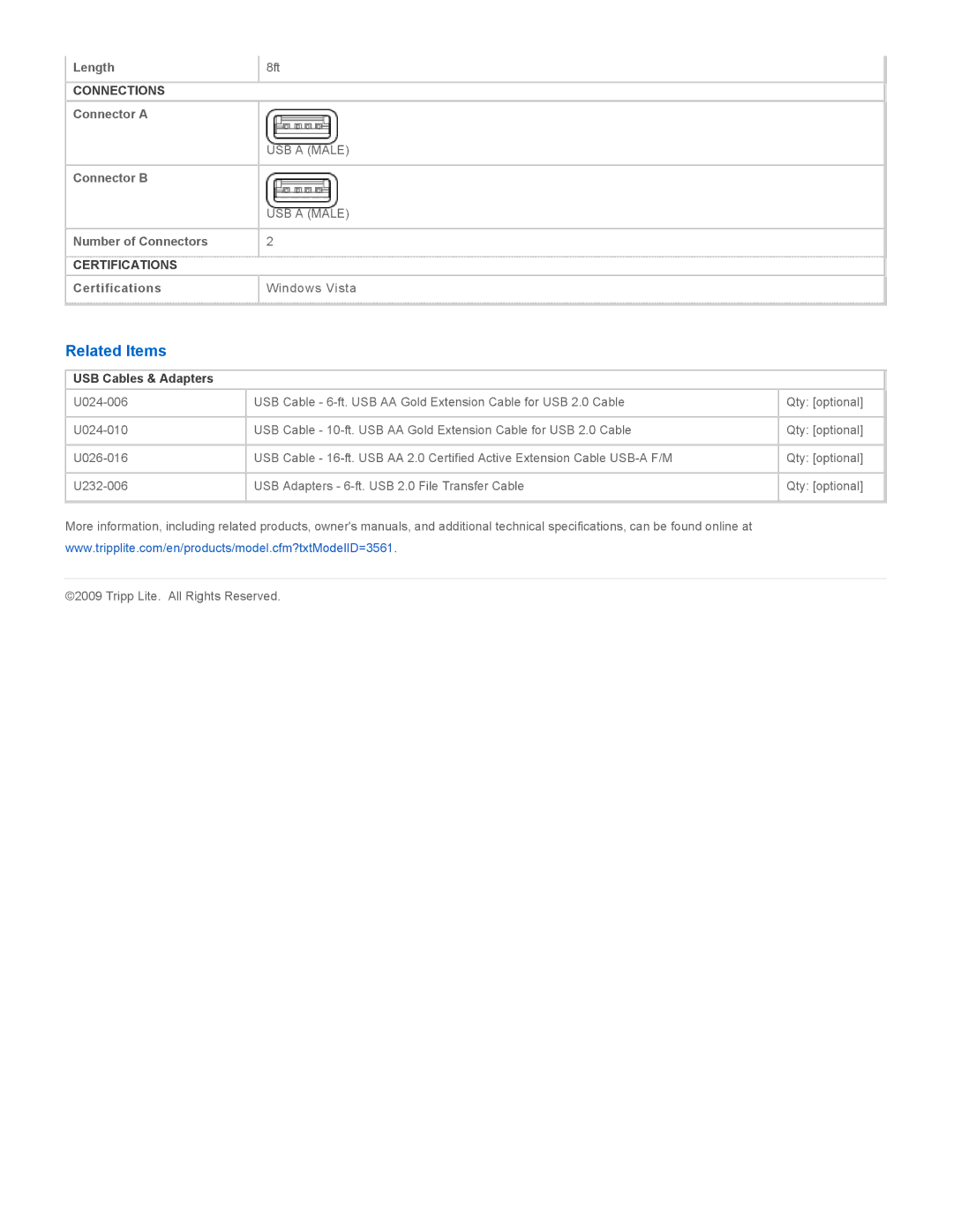 Tripp Lite U233-008 specifications Related Items, USB Cables & Adapters 