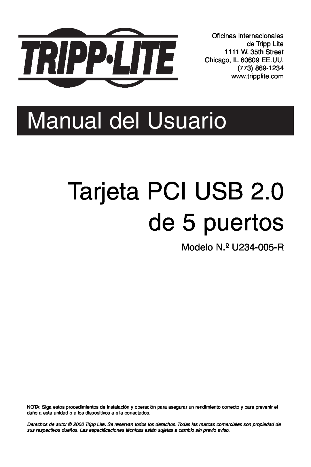 Tripp Lite U234-005-R user manual Tarjeta PCI USB 2.0 de 5 puertos, Manual del Usuario 