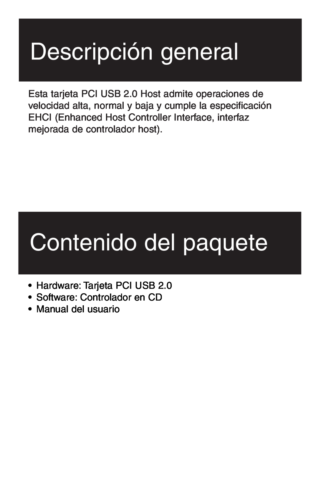 Tripp Lite U234-005-R Descripción general, Contenido del paquete, Hardware Tarjeta PCI USB Software Controlador en CD 