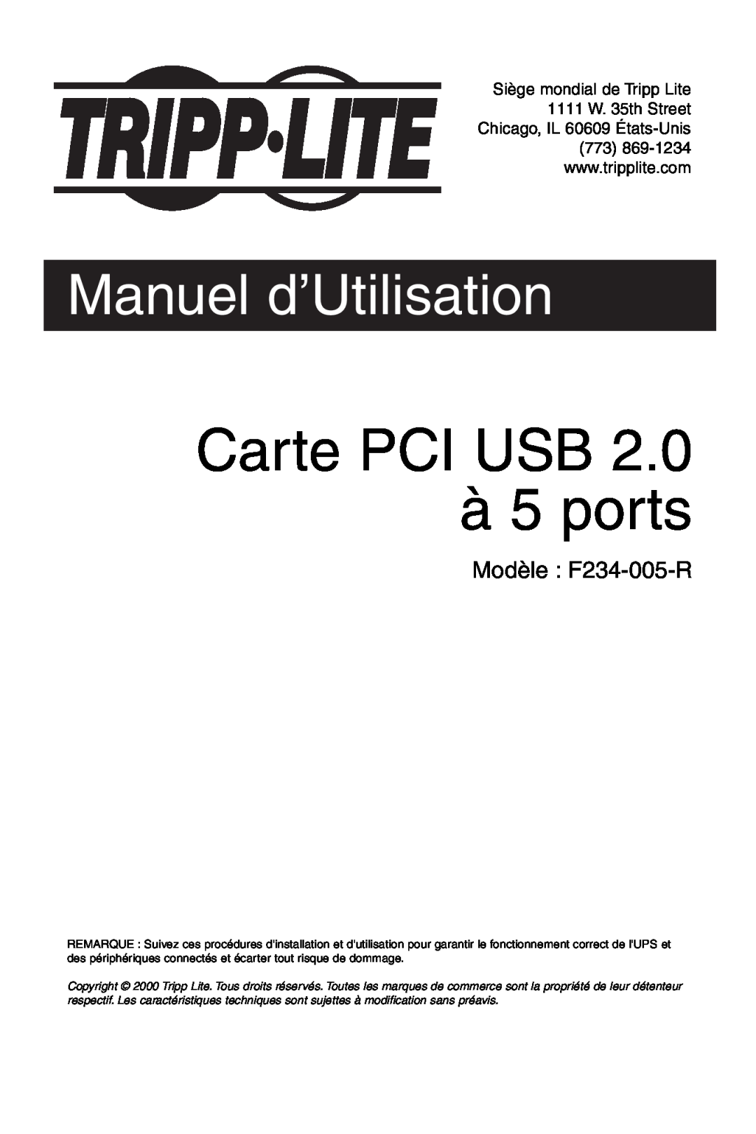 Tripp Lite U234-005-R user manual Carte PCI USB 2.0 à 5 ports, Manuel d’Utilisation 