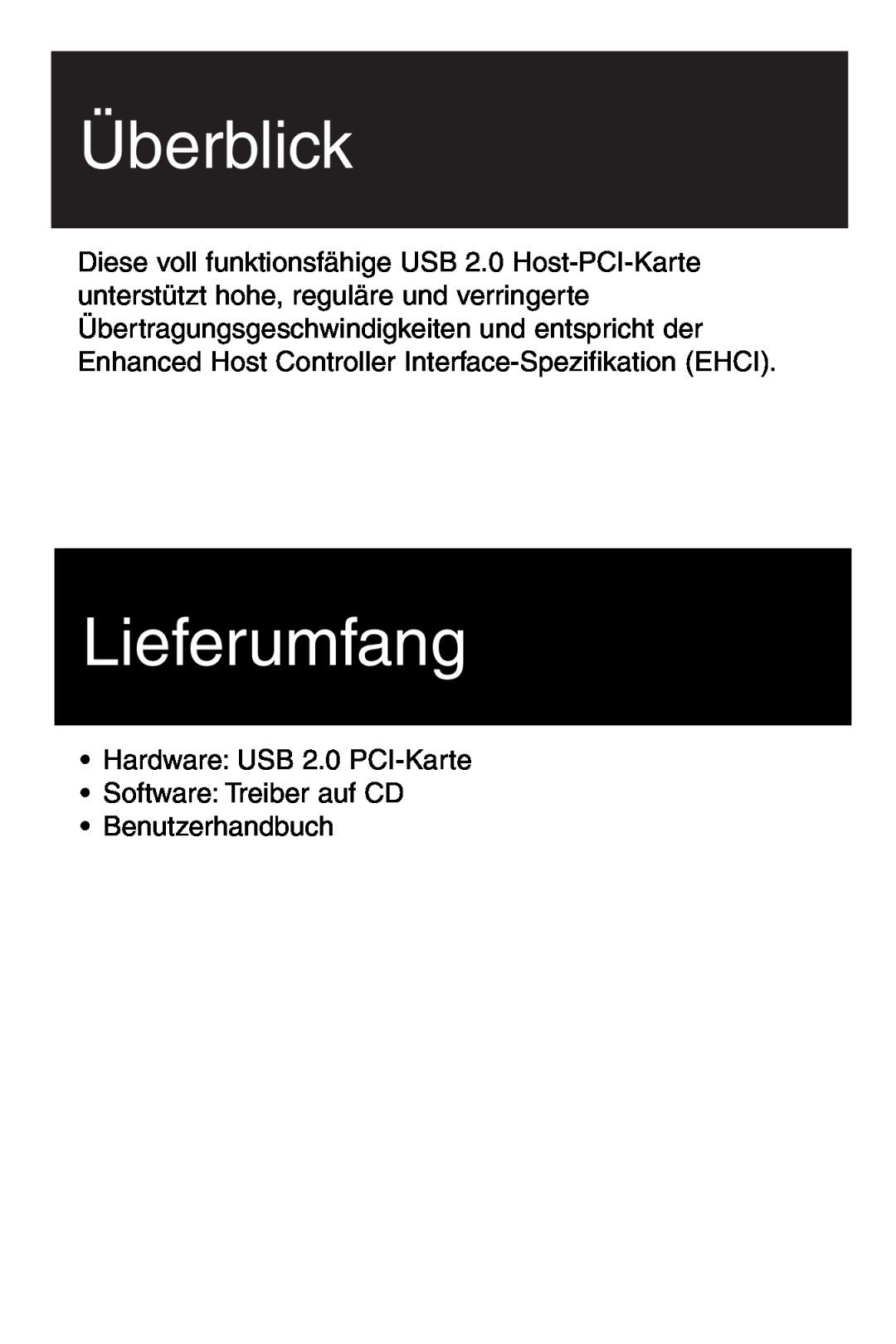 Tripp Lite U234-005-R Überblick, Lieferumfang, Hardware USB 2.0 PCI-Karte Software Treiber auf CD Benutzerhandbuch 