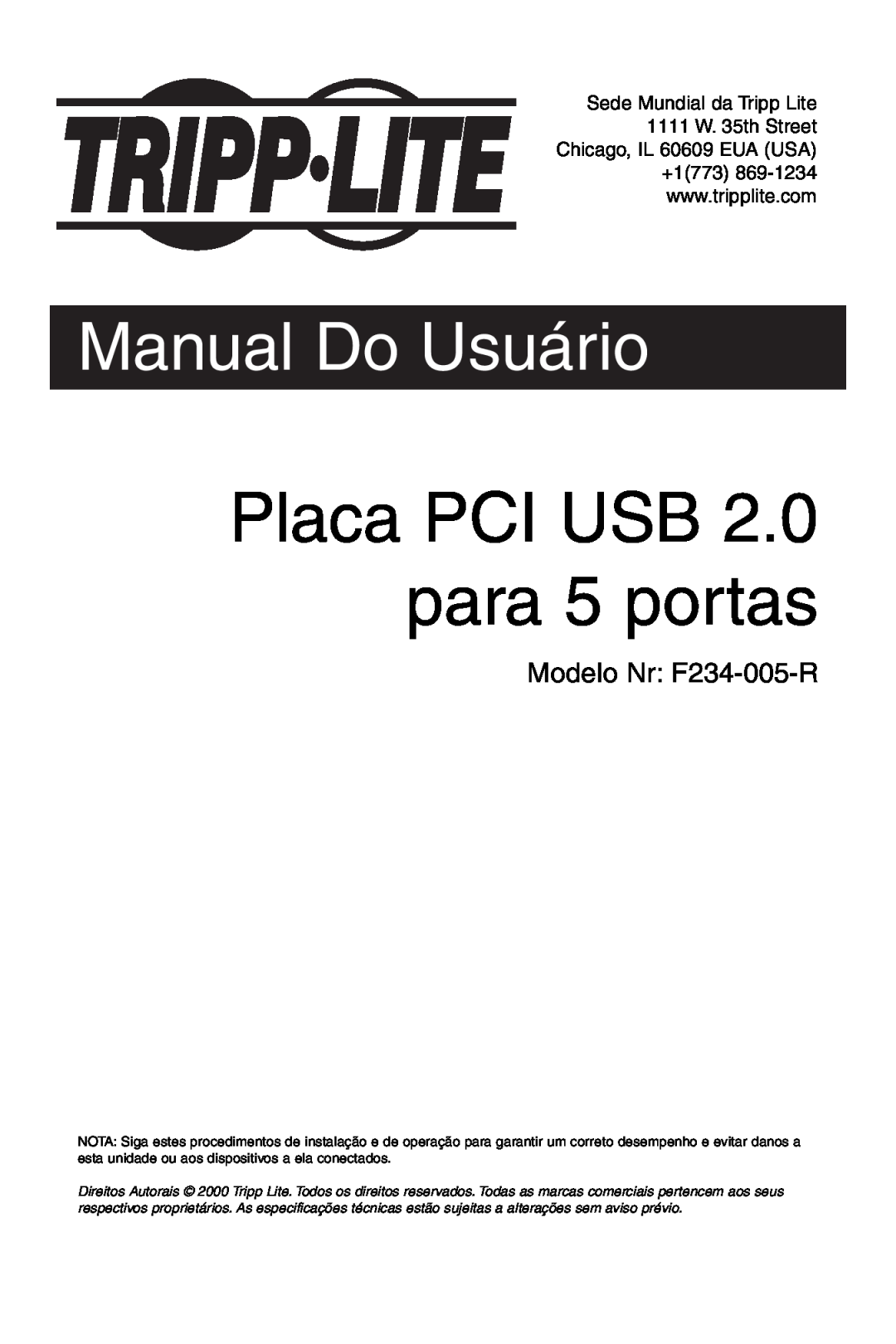Tripp Lite U234-005-R user manual Placa PCI USB 2.0 para 5 portas, Manual Do Usuário 
