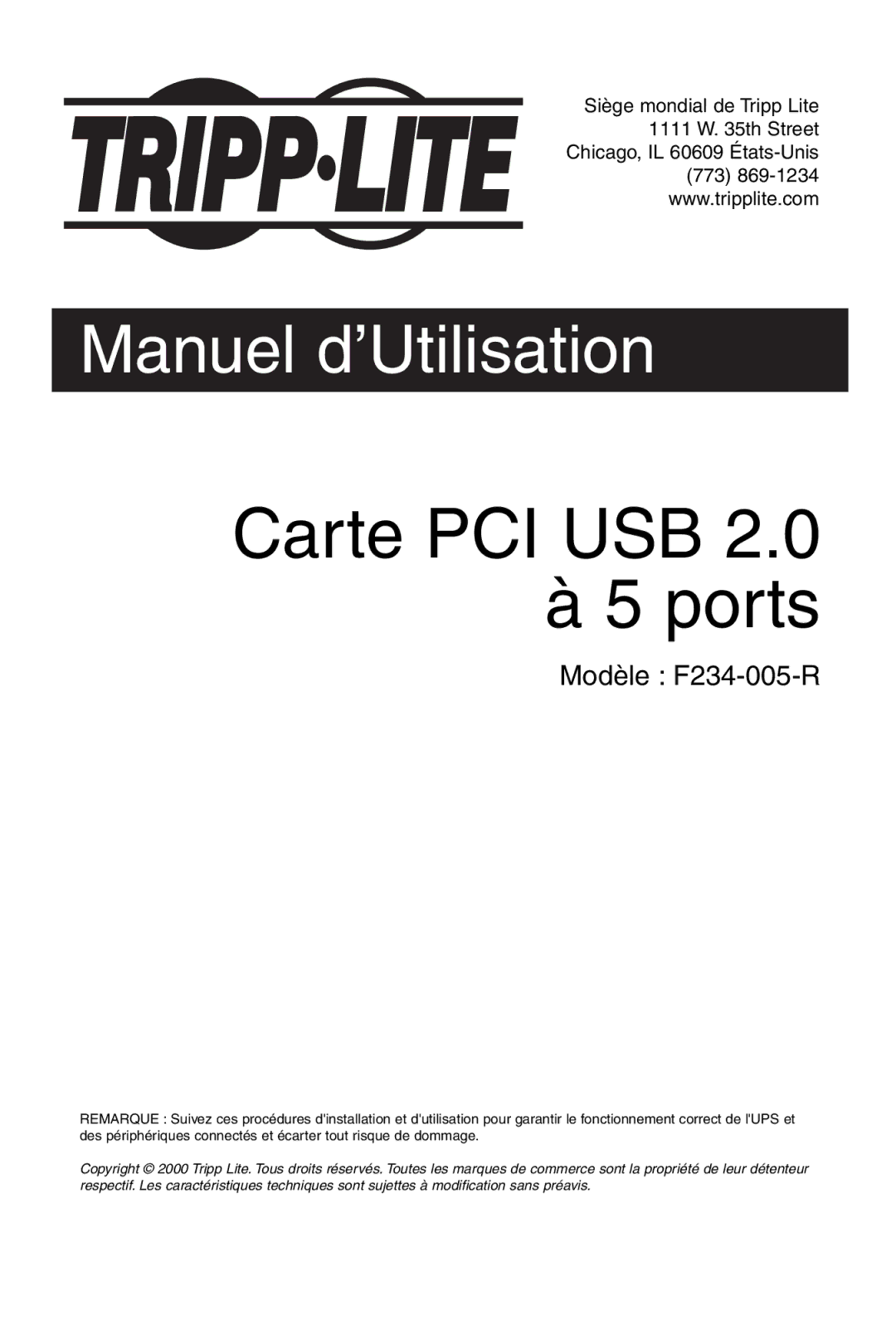 Tripp Lite U234-005-R user manual Carte PCI USB 2.0 à 5 ports, Manuel d’Utilisation 