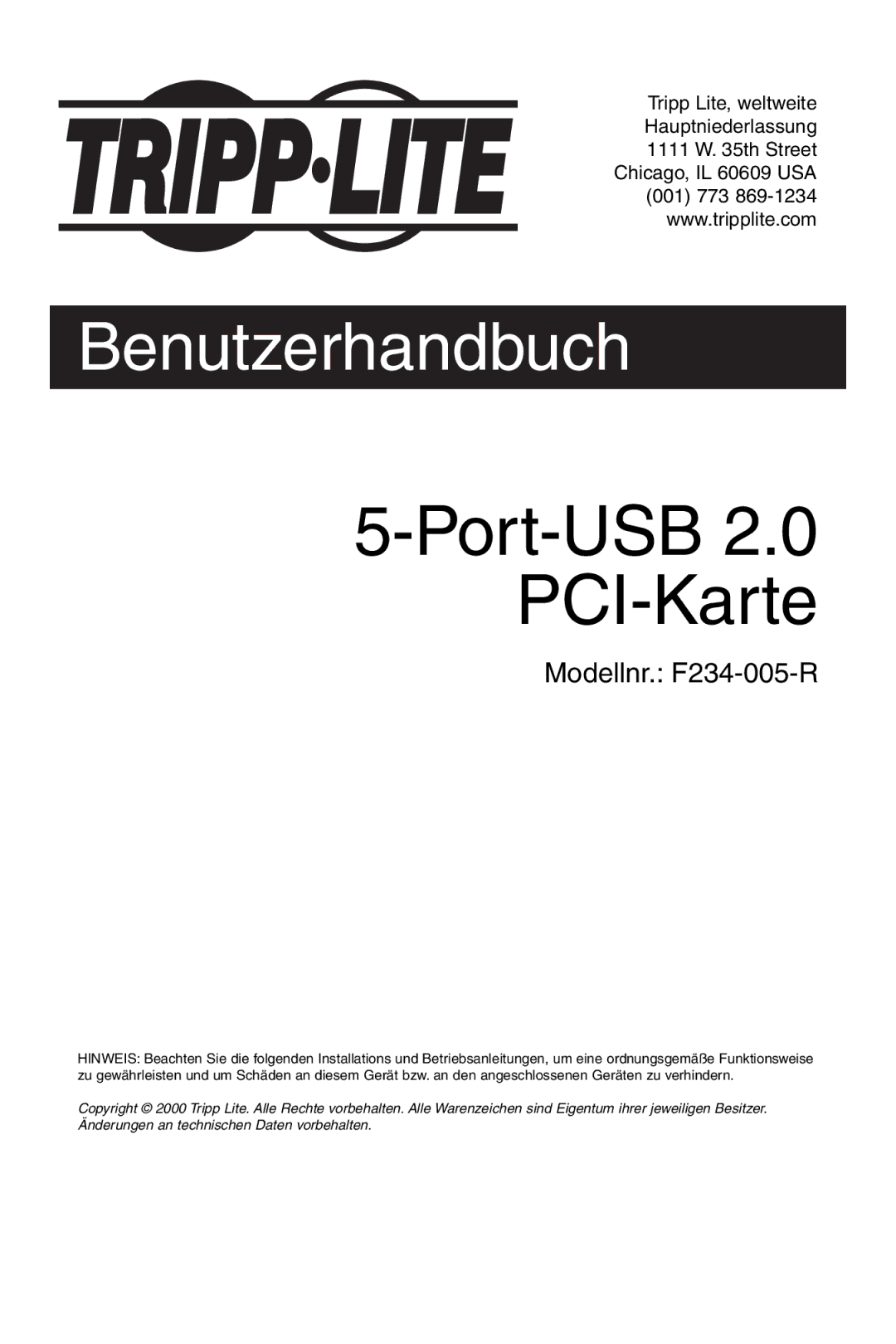 Tripp Lite U234-005-R user manual Port-USB 2.0 PCI-Karte, Benutzerhandbuch 