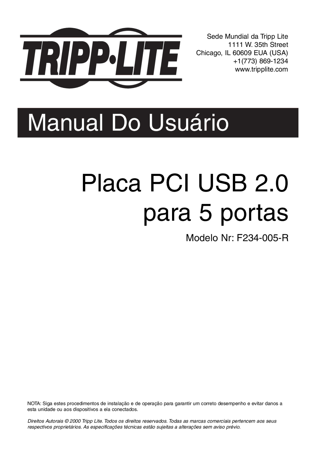 Tripp Lite U234-005-R user manual Placa PCI USB 2.0 para 5 portas, Manual Do Usuário 