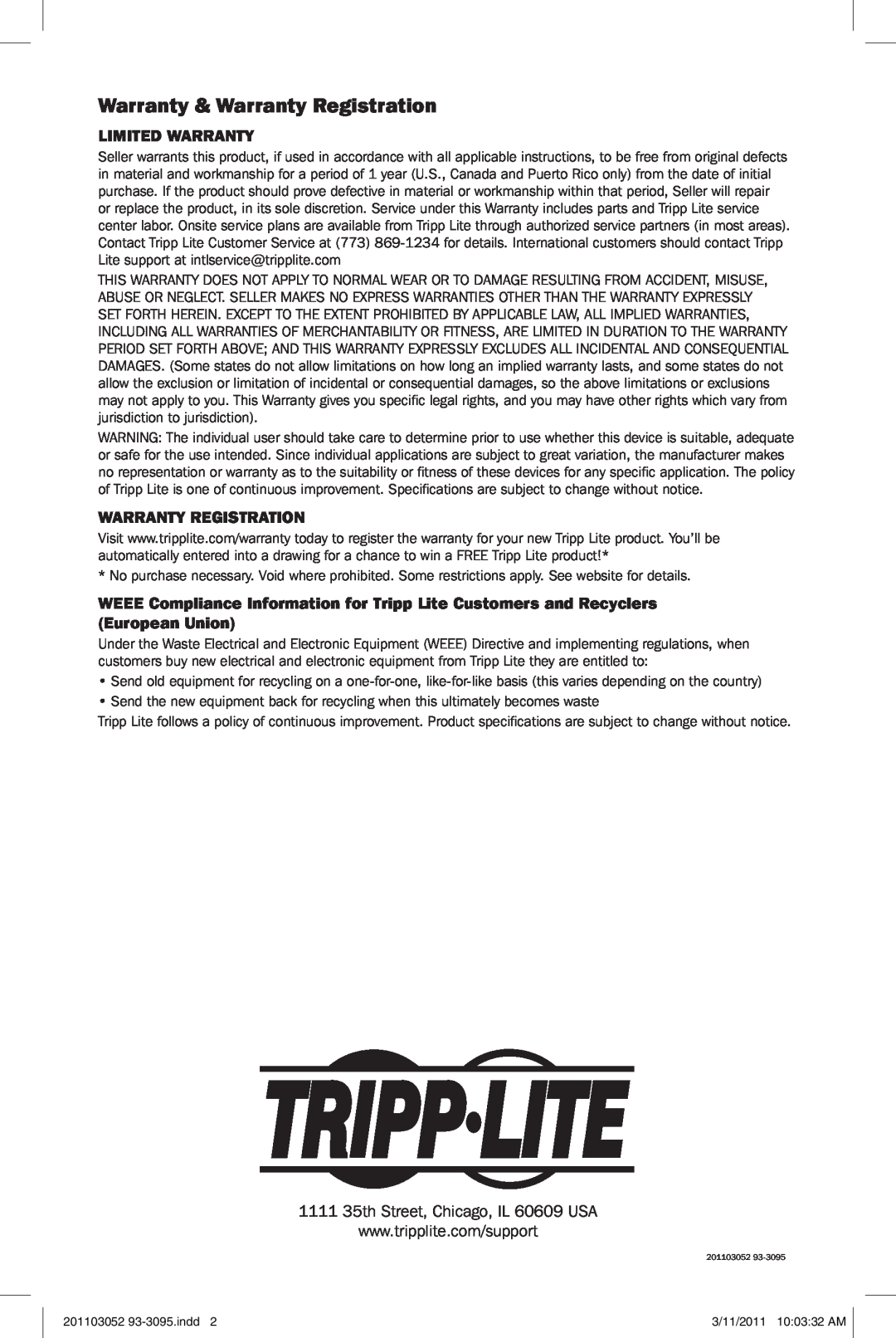 Tripp Lite U236-000-R quick start Warranty & Warranty Registration, Limited Warranty 