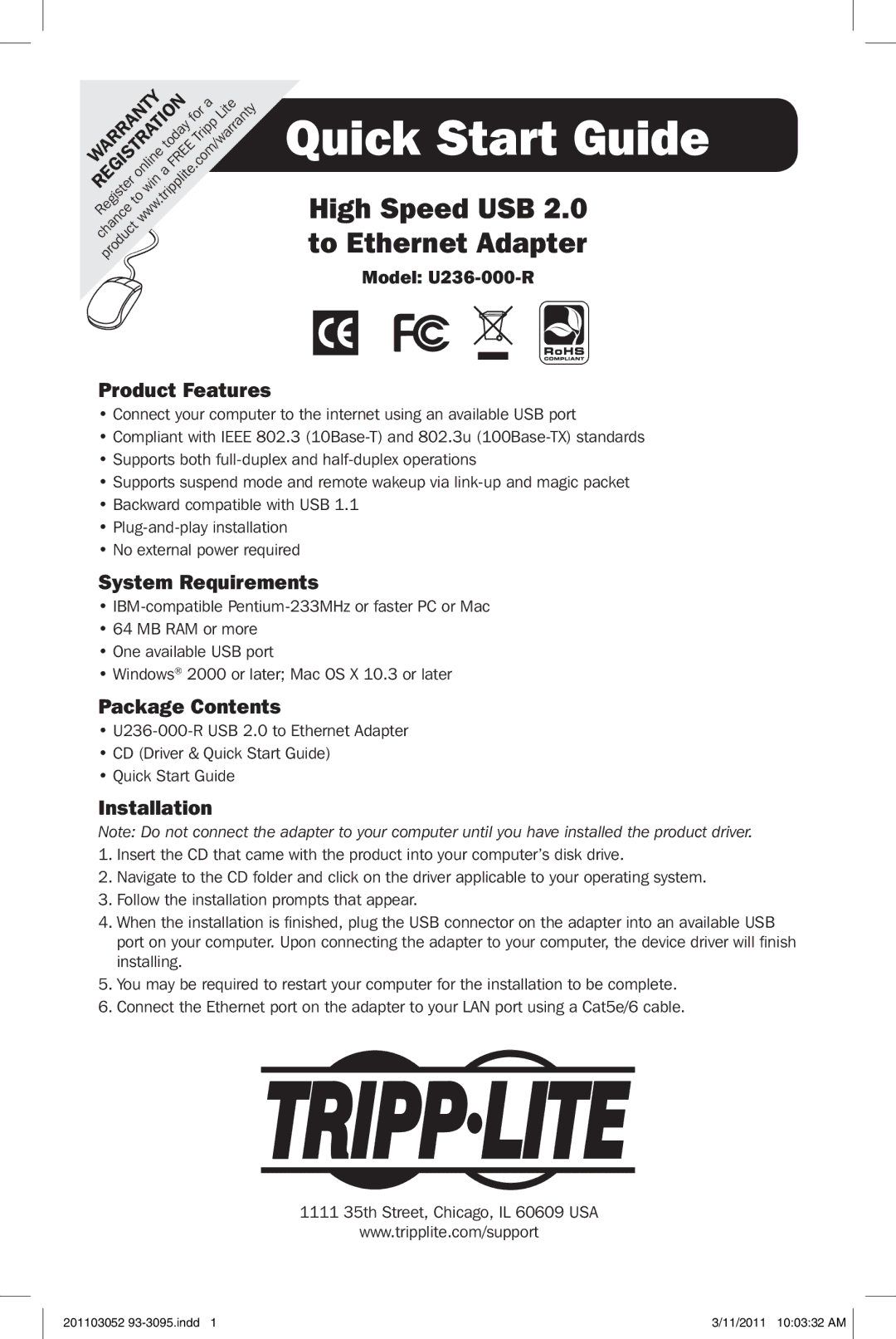 Tripp Lite U236-000-R quick start Quick Start Guide, Product Features, System Requirements, Package Contents, Installation 