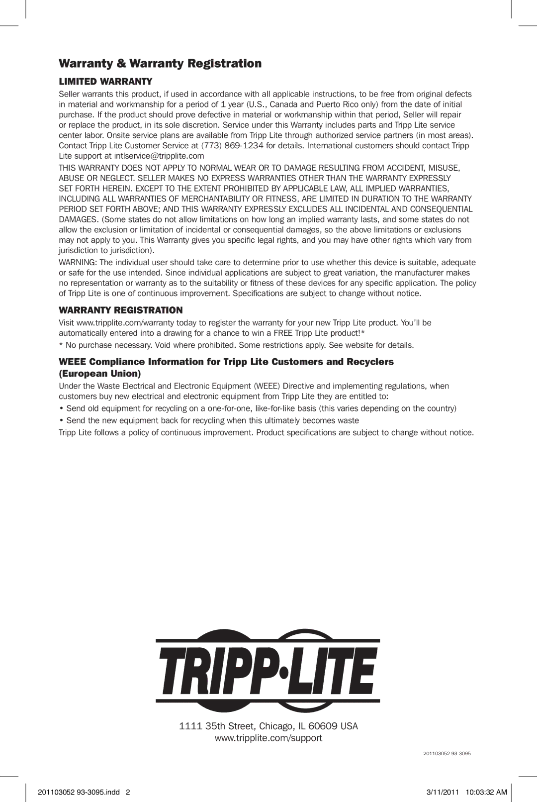 Tripp Lite U236-000-R quick start Warranty & Warranty Registration, Limited Warranty 