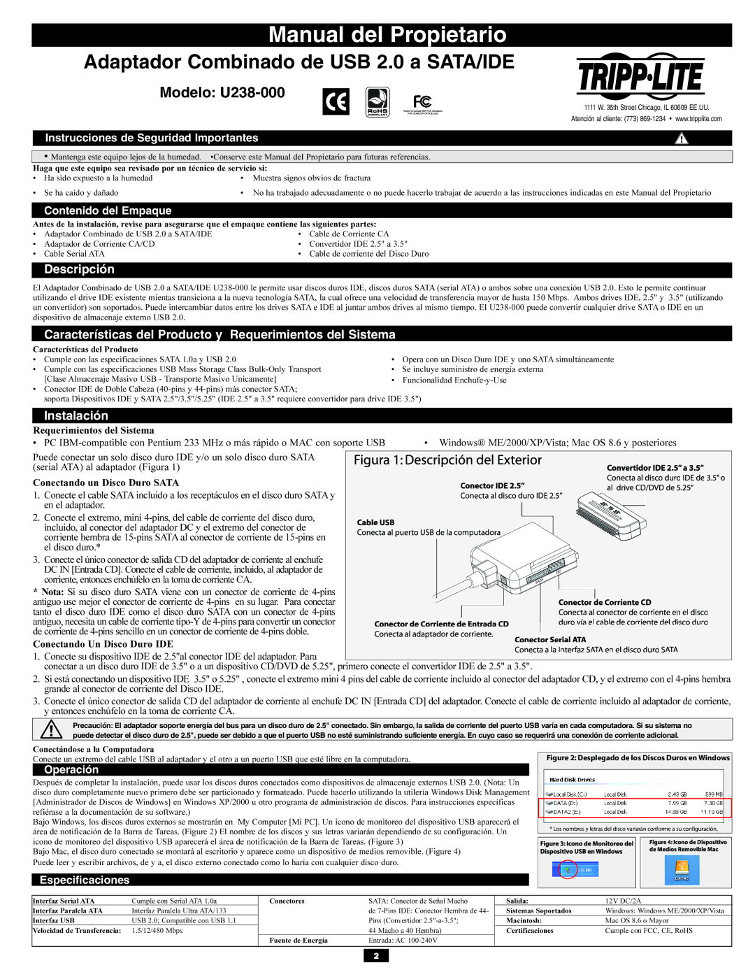 Tripp Lite U238-000 USB Descripción, Características del Producto y Requerimientos del Sistema, Instalación 