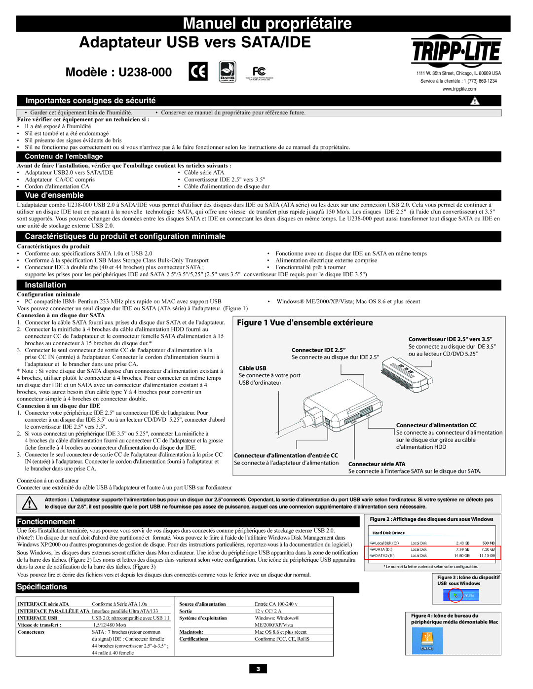 Tripp Lite U238-000 USB Importantes consignes de sécurité, Vue densemble, Fonctionnement, Spécifications 