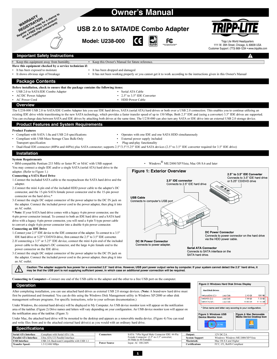 Tripp Lite U238-000 important safety instructions USB 2.0 to SATA/IDE Combo Adapter, Package Contents 