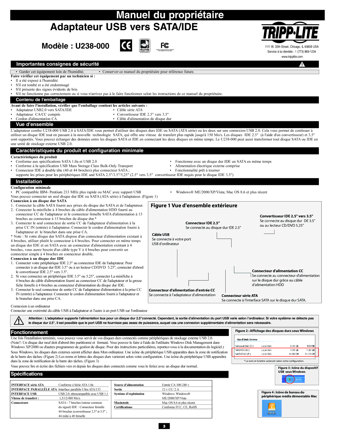 Tripp Lite U238-000 Importantes consignes de sécurité, Vue densemble, Fonctionnement, Spécifications 