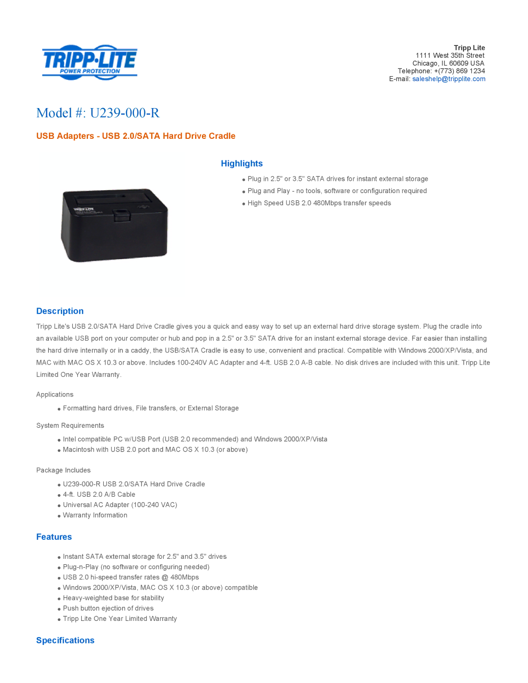 Tripp Lite specifications Model # U239-000-R, USB Adapters USB 2.0/SATA Hard Drive Cradle 