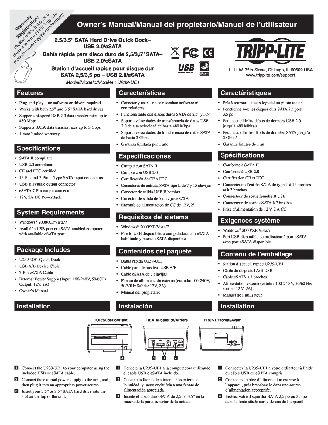 Tripp Lite U239-UE1 owner manual Owner’s Manual, Hard Drive Quick Dock, USB 2.0 / eSATA to SATA, Features, Installation 