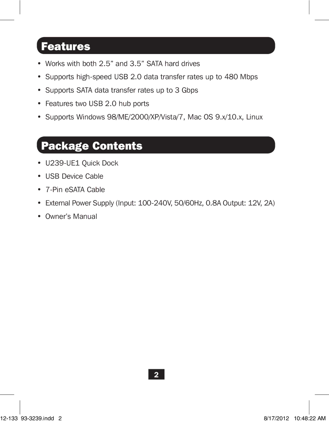 Tripp Lite U239-UE1 owner manual Features, Package Contents 