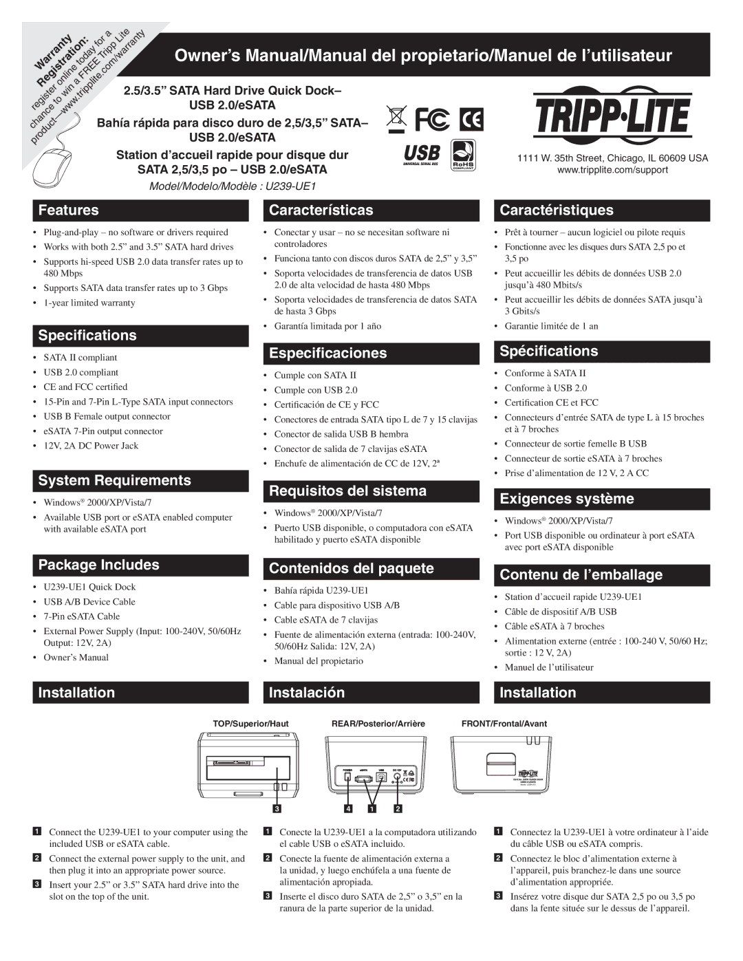 Tripp Lite U239-UE1 owner manual Features, Specifications, System Requirements, Características, Especificaciones 