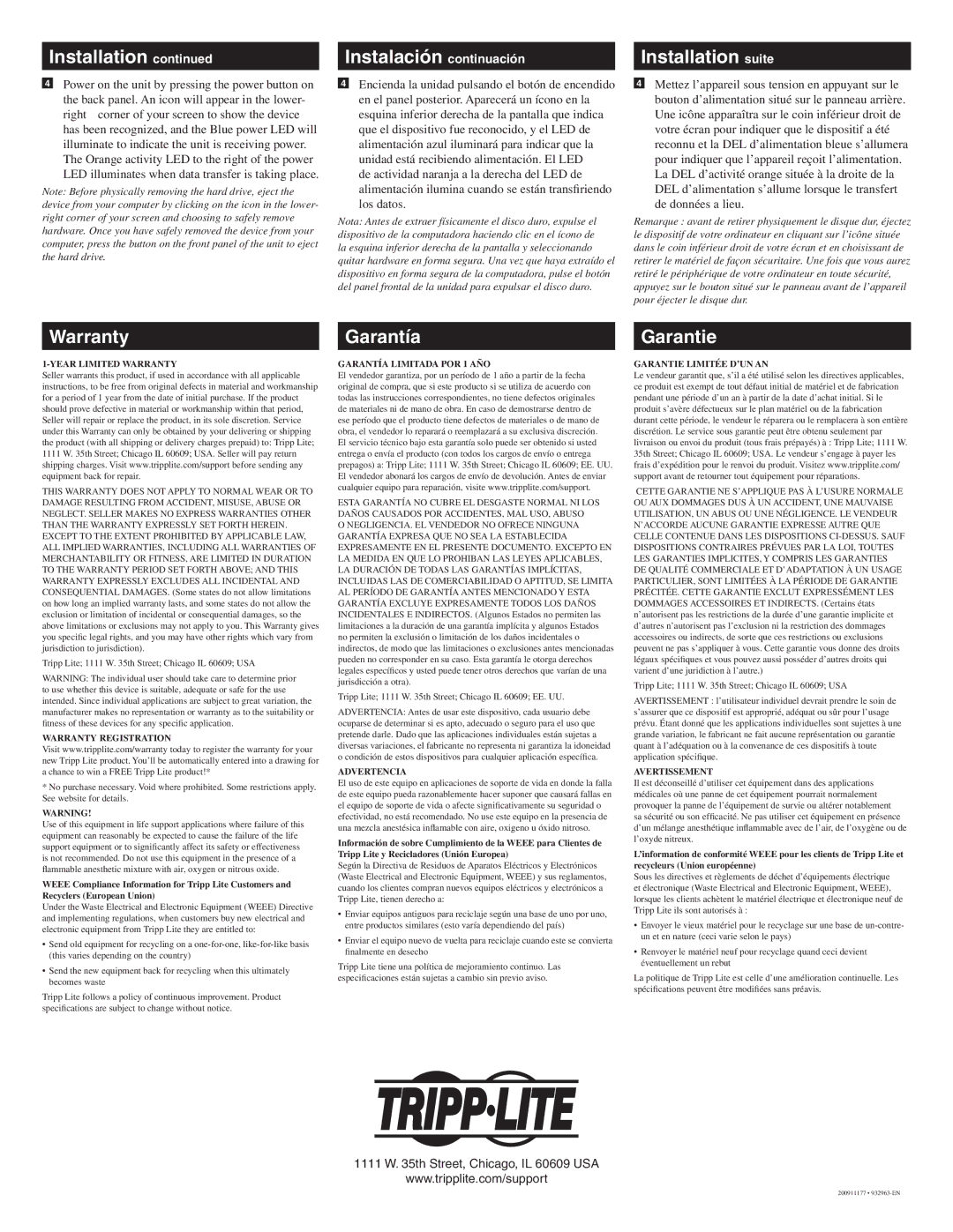 Tripp Lite U239-UE1 owner manual Installation Instalación continuación Installation suite, Warranty, Garantía, Garantie 