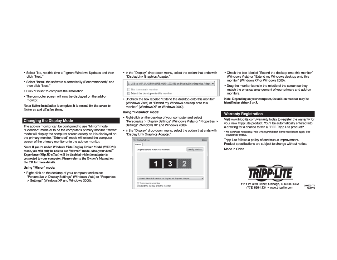 Tripp Lite U244-001-R Changing the Display Mode, Warranty Registration, Using “Mirror” mode, Using “Extended” mode 