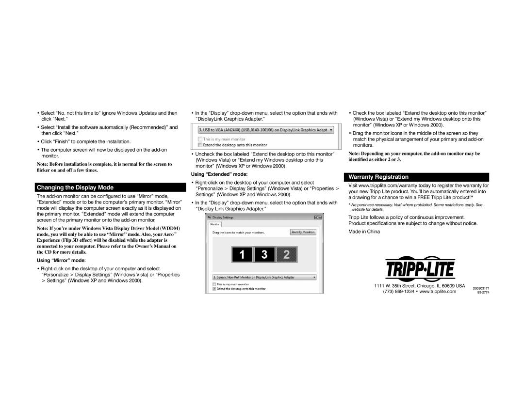 Tripp Lite U244-001-R quick start Changing the Display Mode, Warranty Registration, Using Mirror mode, Using Extended mode 