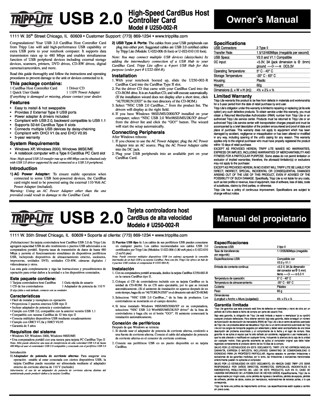 Tripp Lite owner manual Model # U250-002-R, Tarjeta controladora host, Este paquete contiene, Instalación, Features 