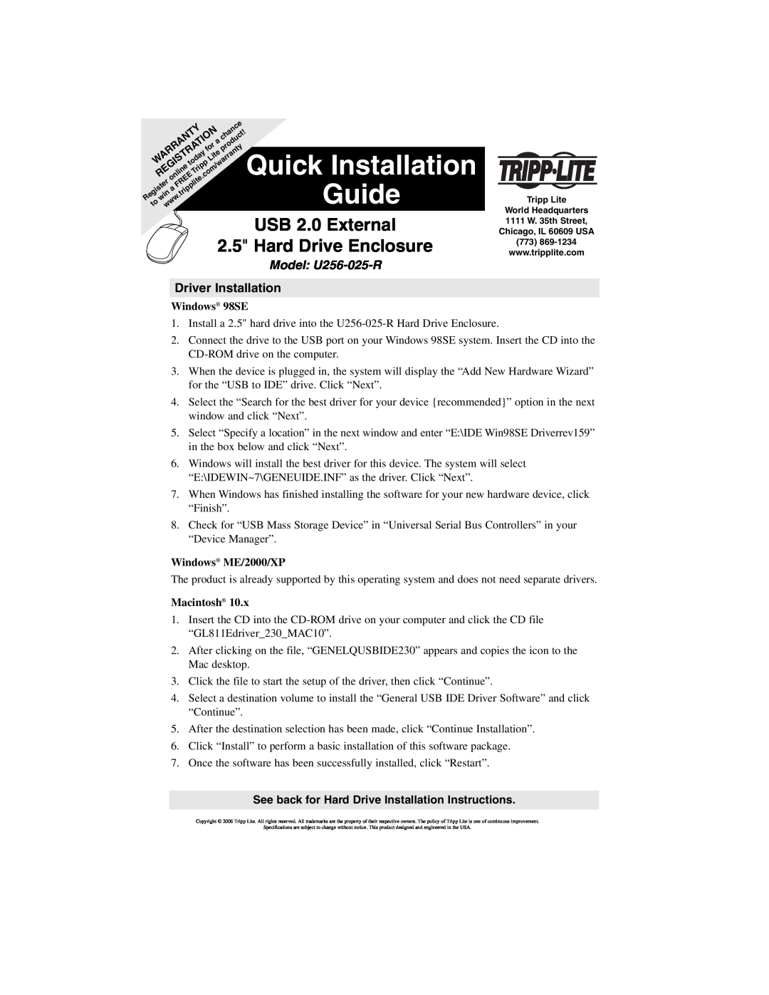 Tripp Lite U256-025-R warranty Driver Installation, See back for Hard Drive Installation Instructions, Guide, Windows 98SE 