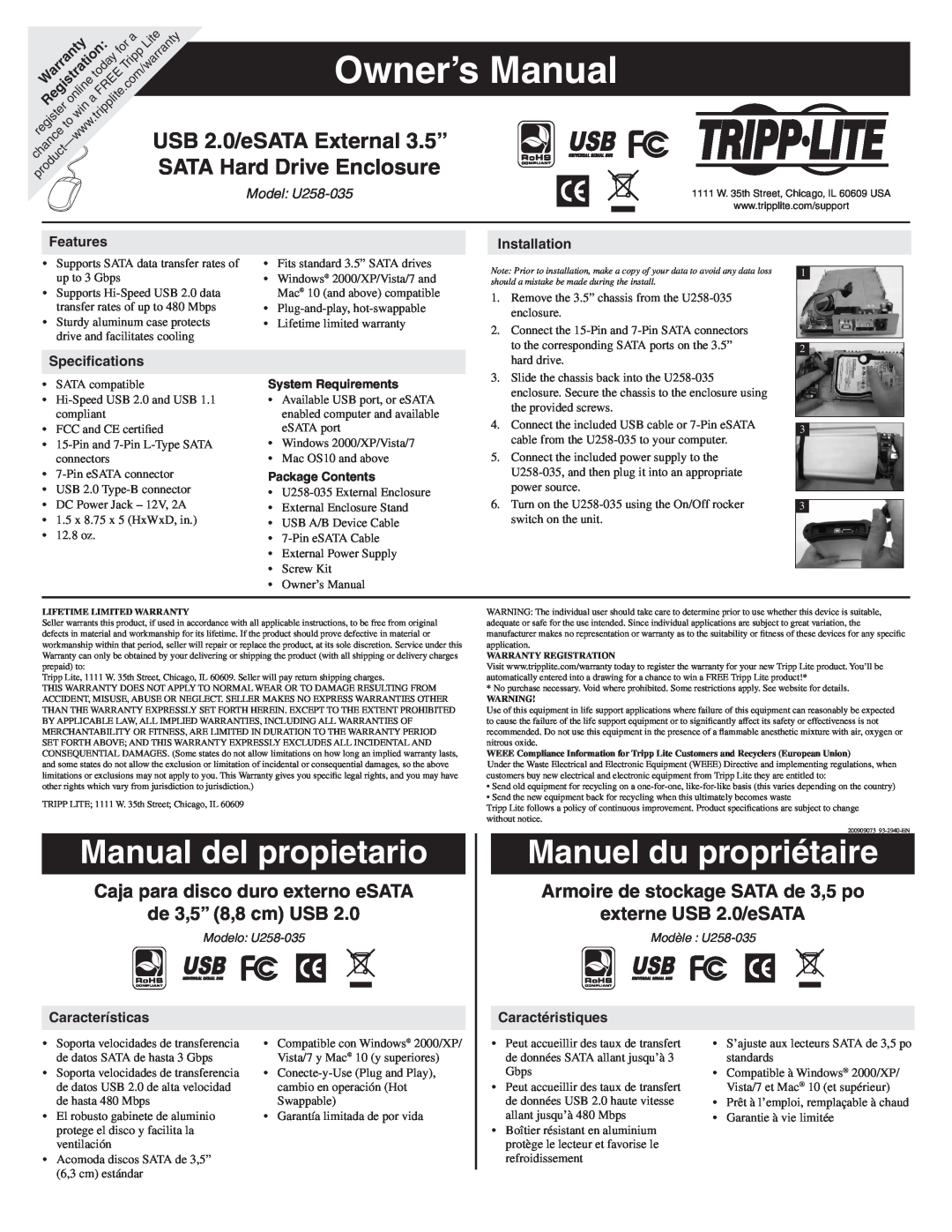Tripp Lite U258-035 warranty Features, Specifications, Installation, Características, Caractéristiques, Package Contents 