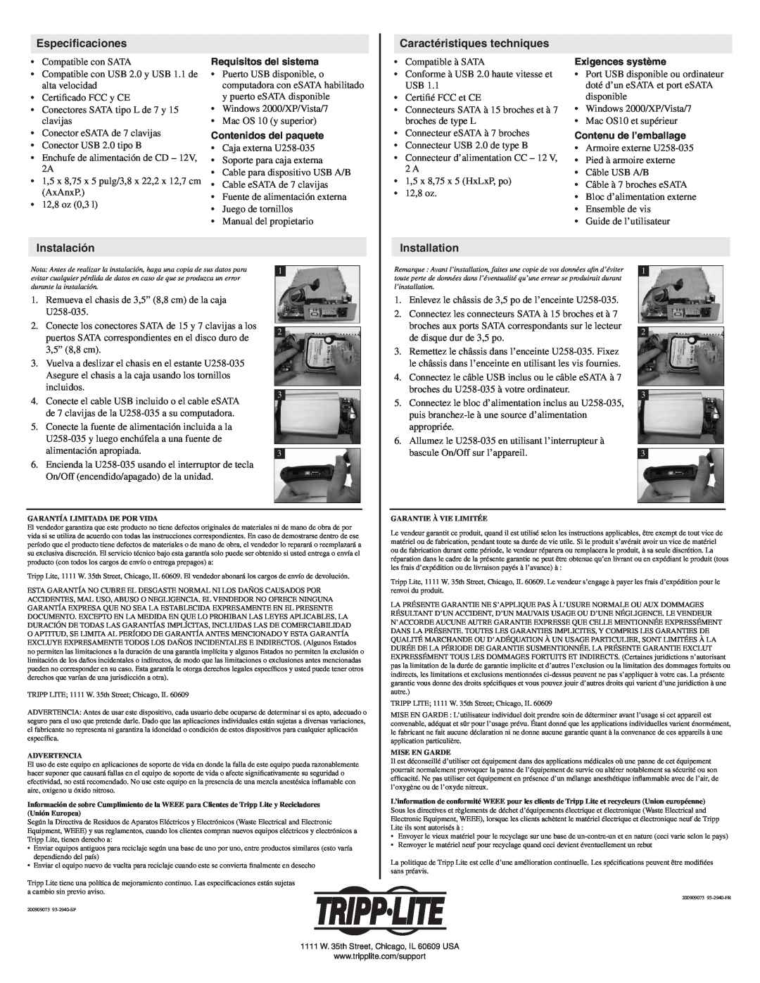 Tripp Lite U258-035 Especificaciones, Caractéristiques techniques, Instalación, Requisitos del sistema, Exigences système 