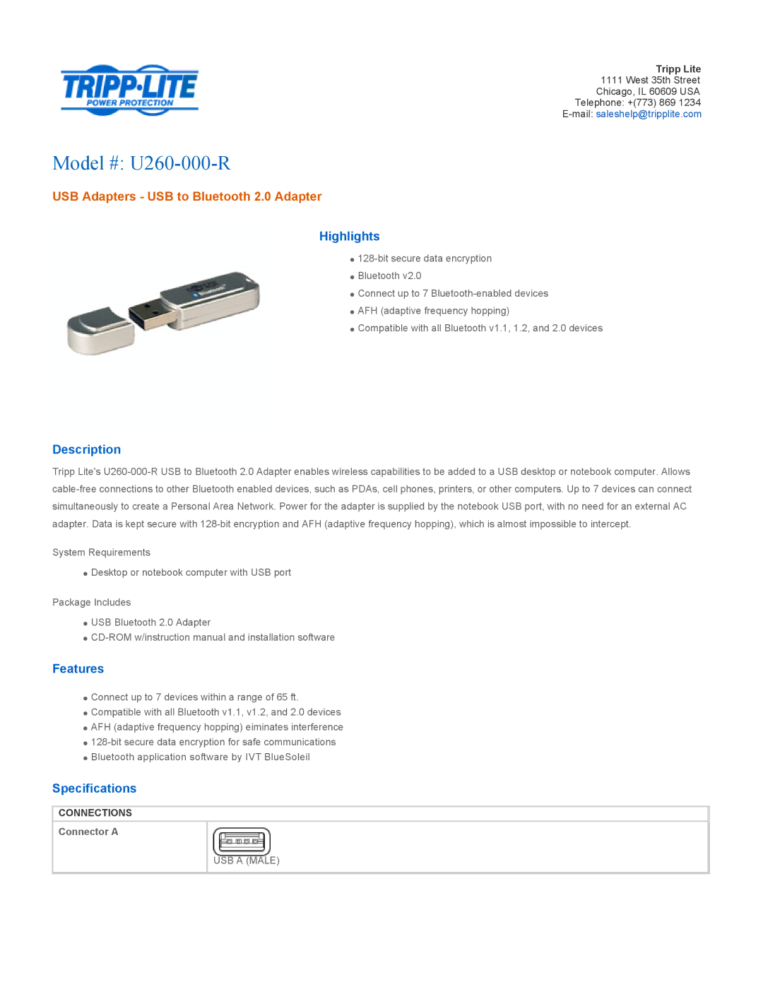 Tripp Lite specifications Model # U260-000-R, USB Adapters USB to Bluetooth 2.0 Adapter 