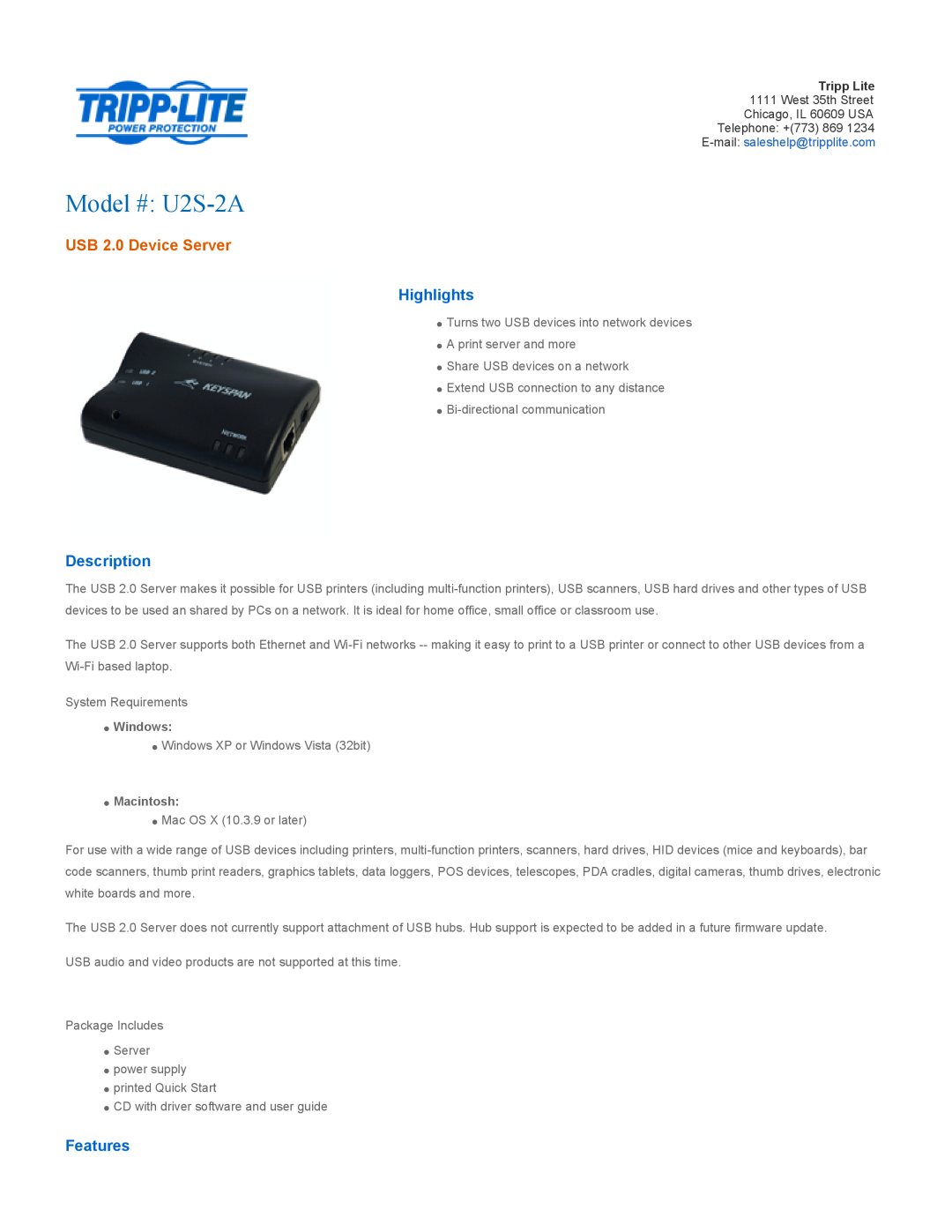 Tripp Lite quick start Highlights, Description, Features, Windows, Macintosh, Model # U2S-2A, USB 2.0 Device Server 
