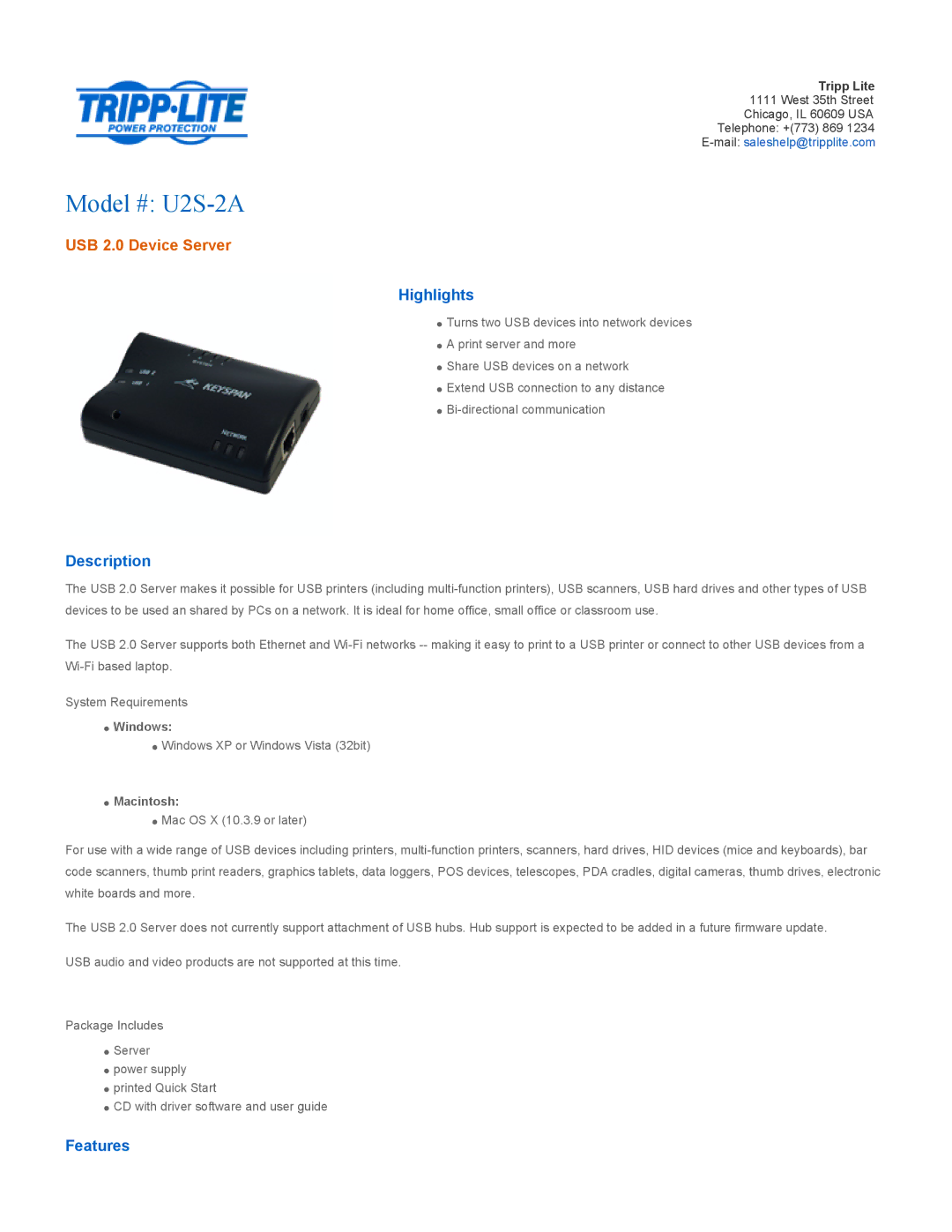 Tripp Lite quick start Model # U2S-2A, USB 2.0 Device Server, Highlights, Description, Features 