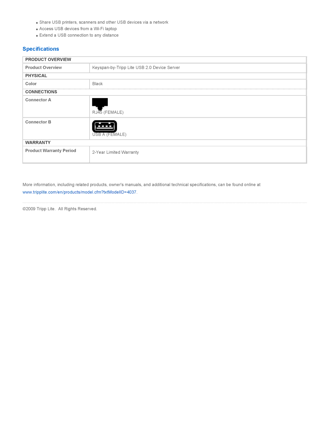 Tripp Lite U2S-2A quick start Specifications 