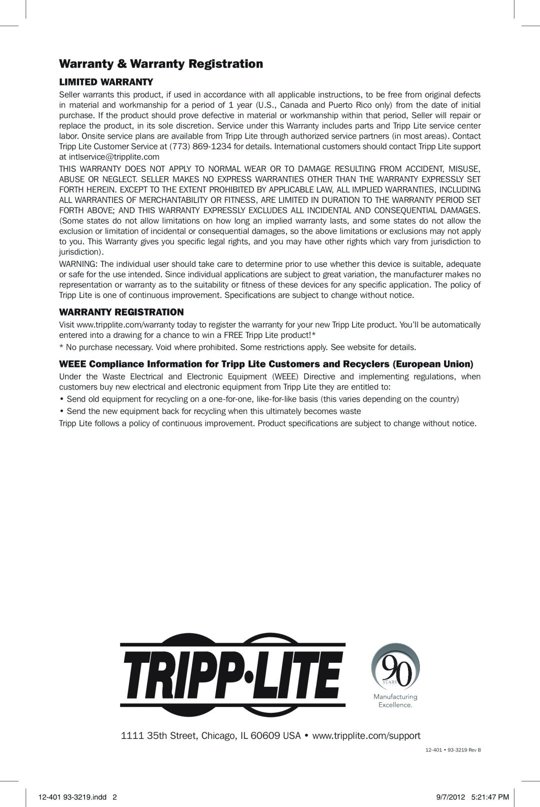 Tripp Lite U336-000-R quick start Warranty & Warranty Registration, Limited Warranty 