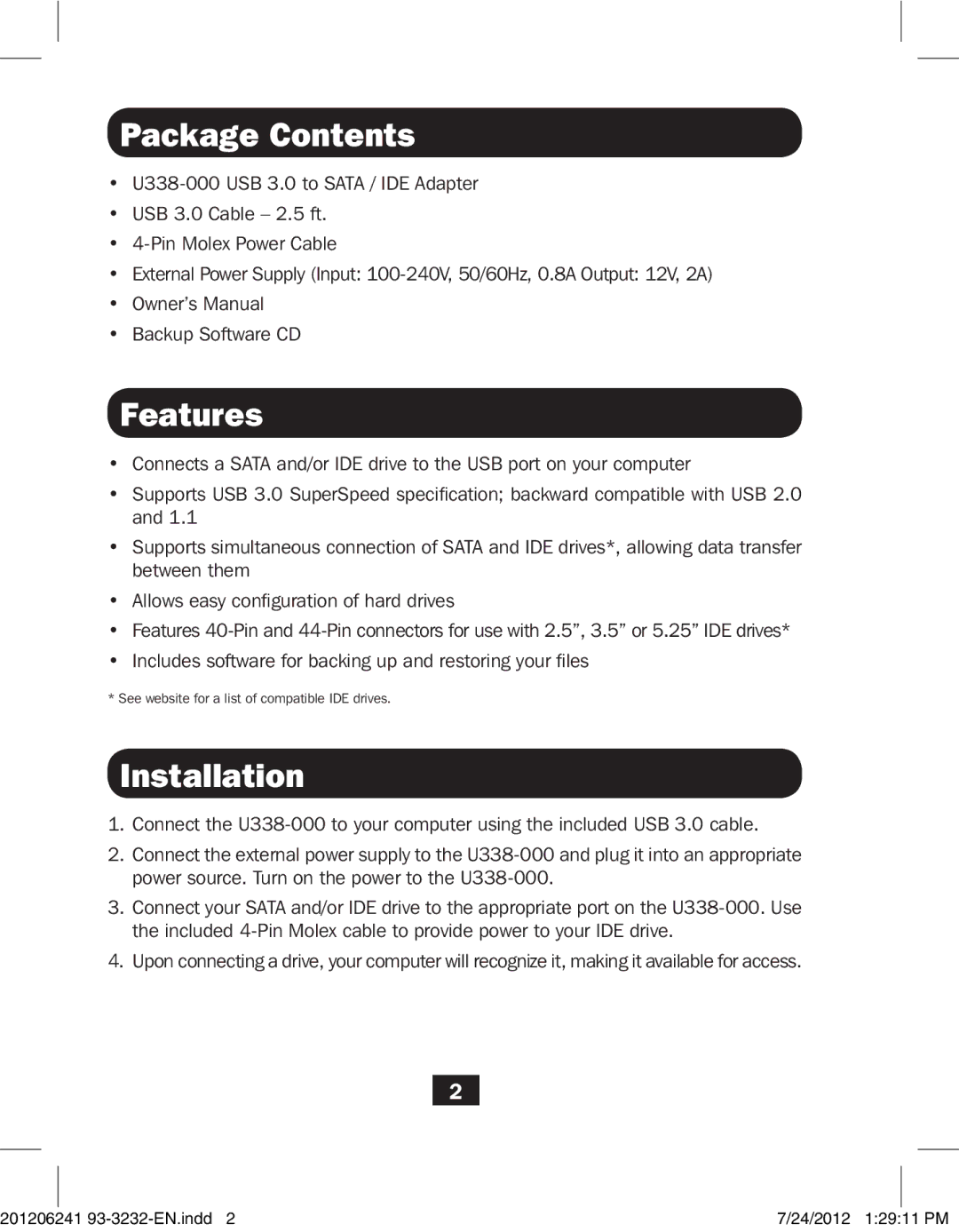 Tripp Lite U338-000 owner manual Package Contents 