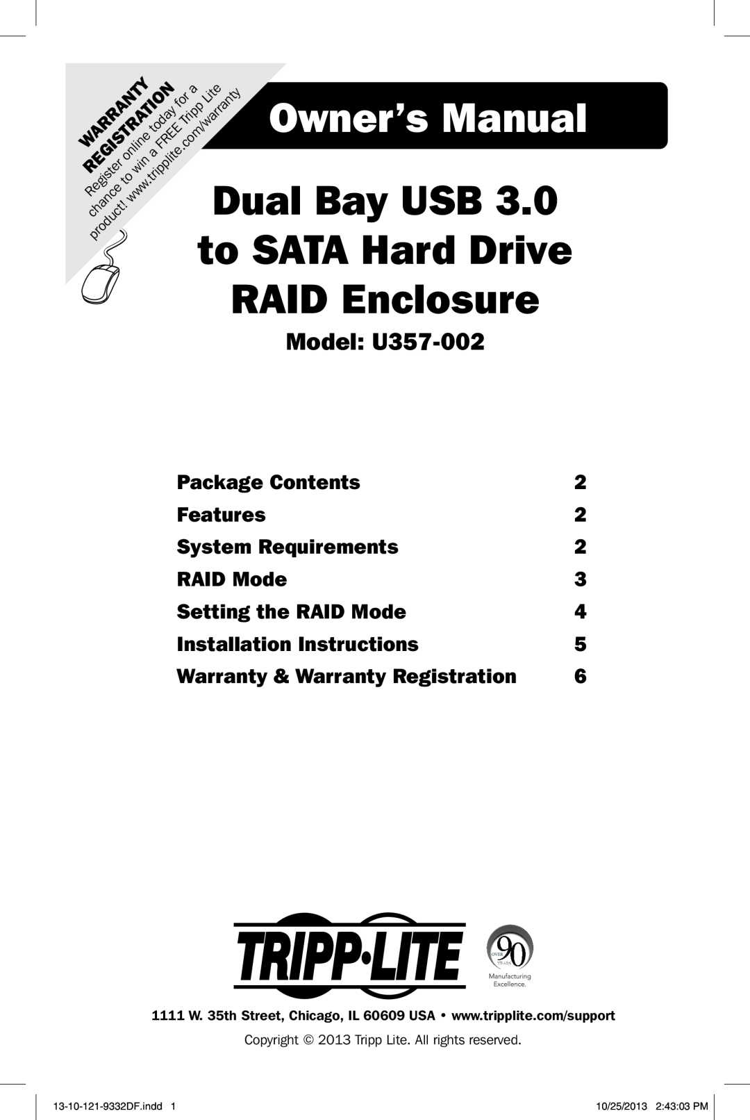 Tripp Lite owner manual Owner’s Manual, Dual Bay USB, to SATA Hard Drive, RAID Enclosure, Model U357-002, Features 