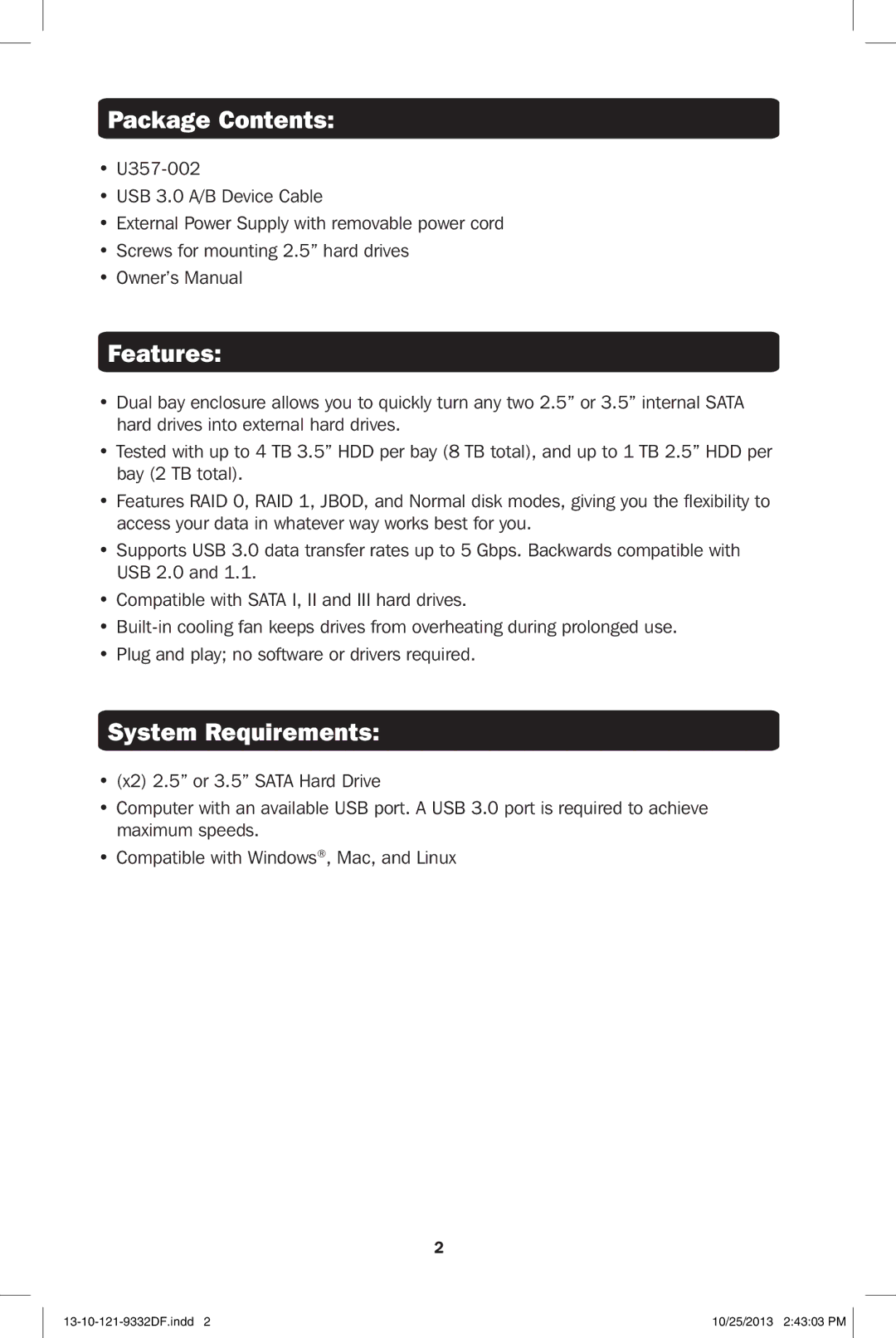 Tripp Lite U357-002 owner manual Package Contents, Features, System Requirements 